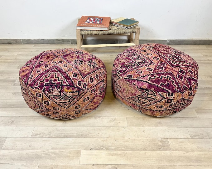 Set of 2 Moroccan Floor Cushion-Kilim wool pouf,2 round ottoman pouf 24 x 24 x 8 Inches