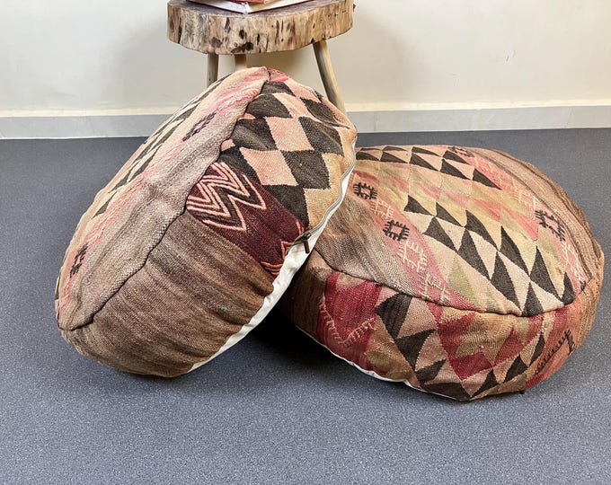 Vintage Moroccan kilim round pouf-Two floor cushion covers 24" 24" 8" FREE SHIPPING