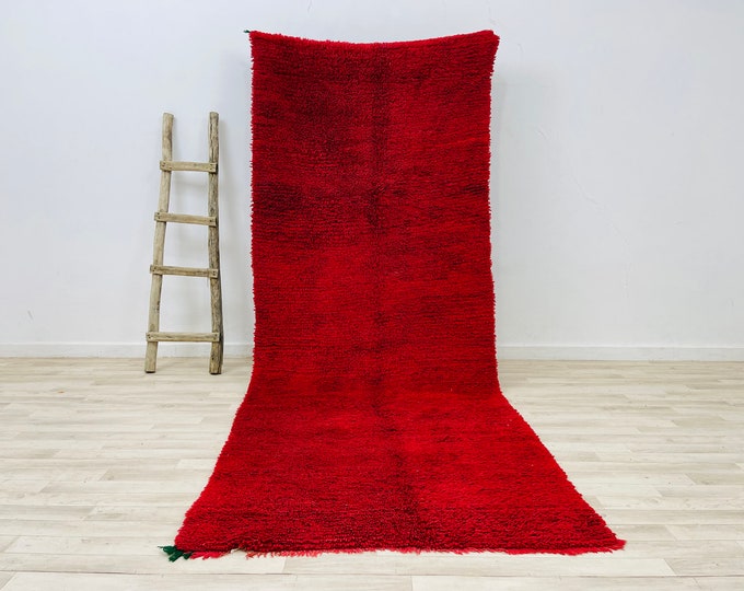 Moroccan Solid Red Rug 10 x 3.8 FT Handmade Rug Area Rug Soft Wool Rug 3x10 Valentine's Day Gift