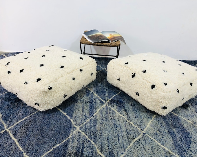 2 Moroccan Square poufs,Beni ourain pouffe,ottoman footstool,handmade,white and black,Soft wool pouf,24" 24" 8"inch