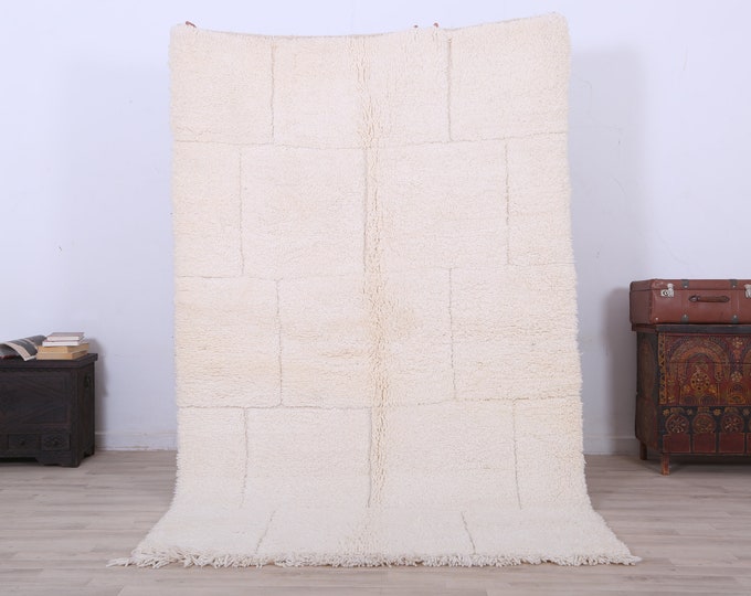 Moroccan Rug-Beniourain Rug-Livingroom Rug-White Color Rug-Wool Carpet 8 x 5 FT