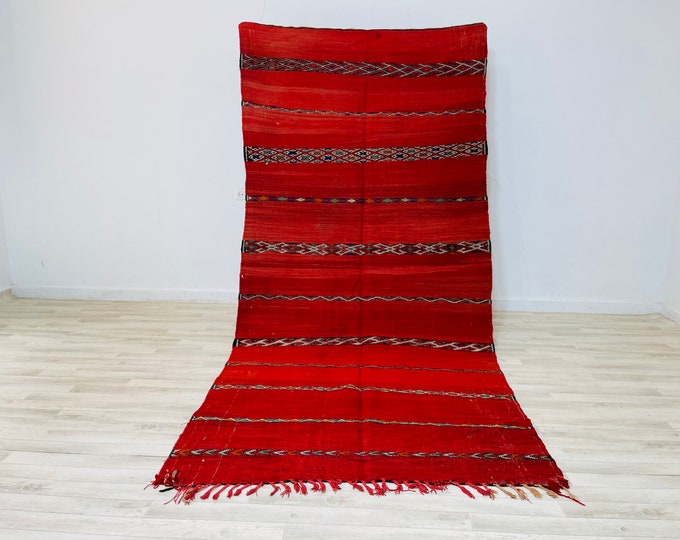 Radia-Moroccan Flatweave Kilim rug with colorful details 10.3x4.8Feet-Vintage Red Rug-Striped Rug