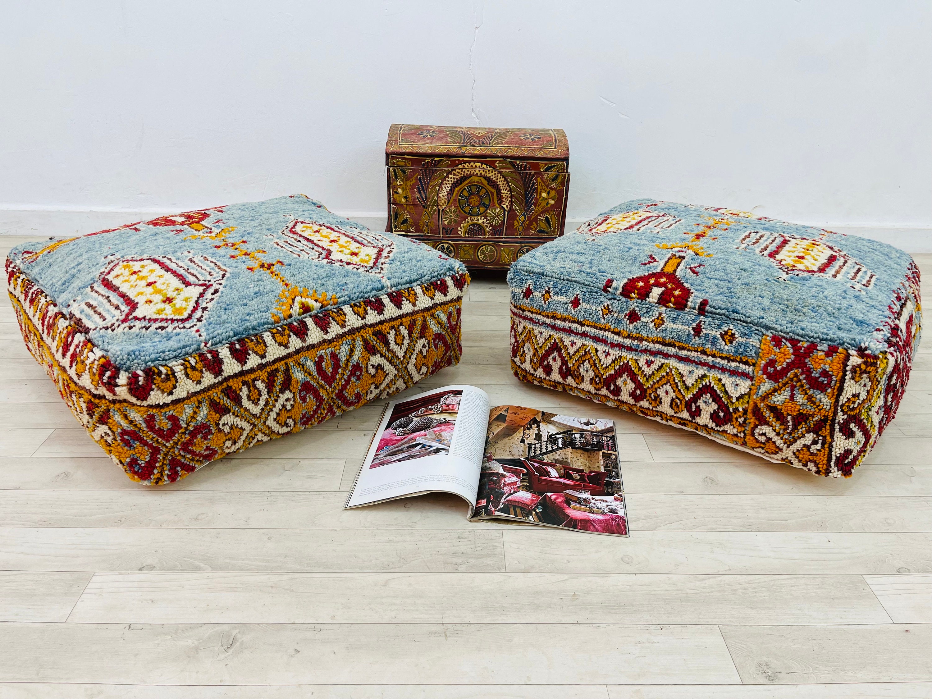 Two Vintage Ottoman Floor Cushion Square Pouf Moroccan Rug Beanbag Chair 24 8 Inches/Valentine's Day