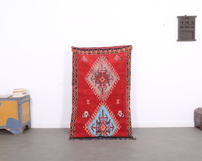 Small red Wool Rug,Gorgeous rug,handmade vintage berber rug,Authentic boujaad rug,Moroccan area rug 5.2ft x 3ft