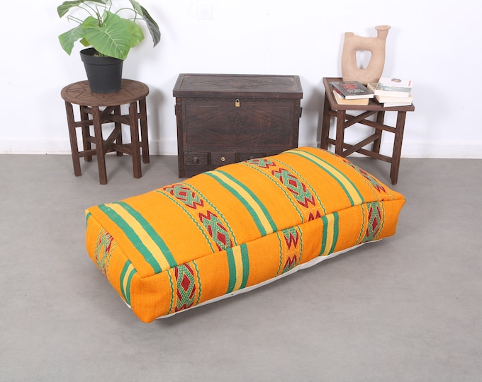 Orange Green Moroccan Kilim cushion,Ottoman pouf cover,Wool pouf 48" 24" 8"