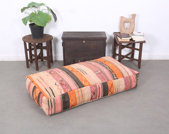 Ornage Pink floor cushion,Rectangular wool pouf cover,ottoman cover 48" 24" 8"