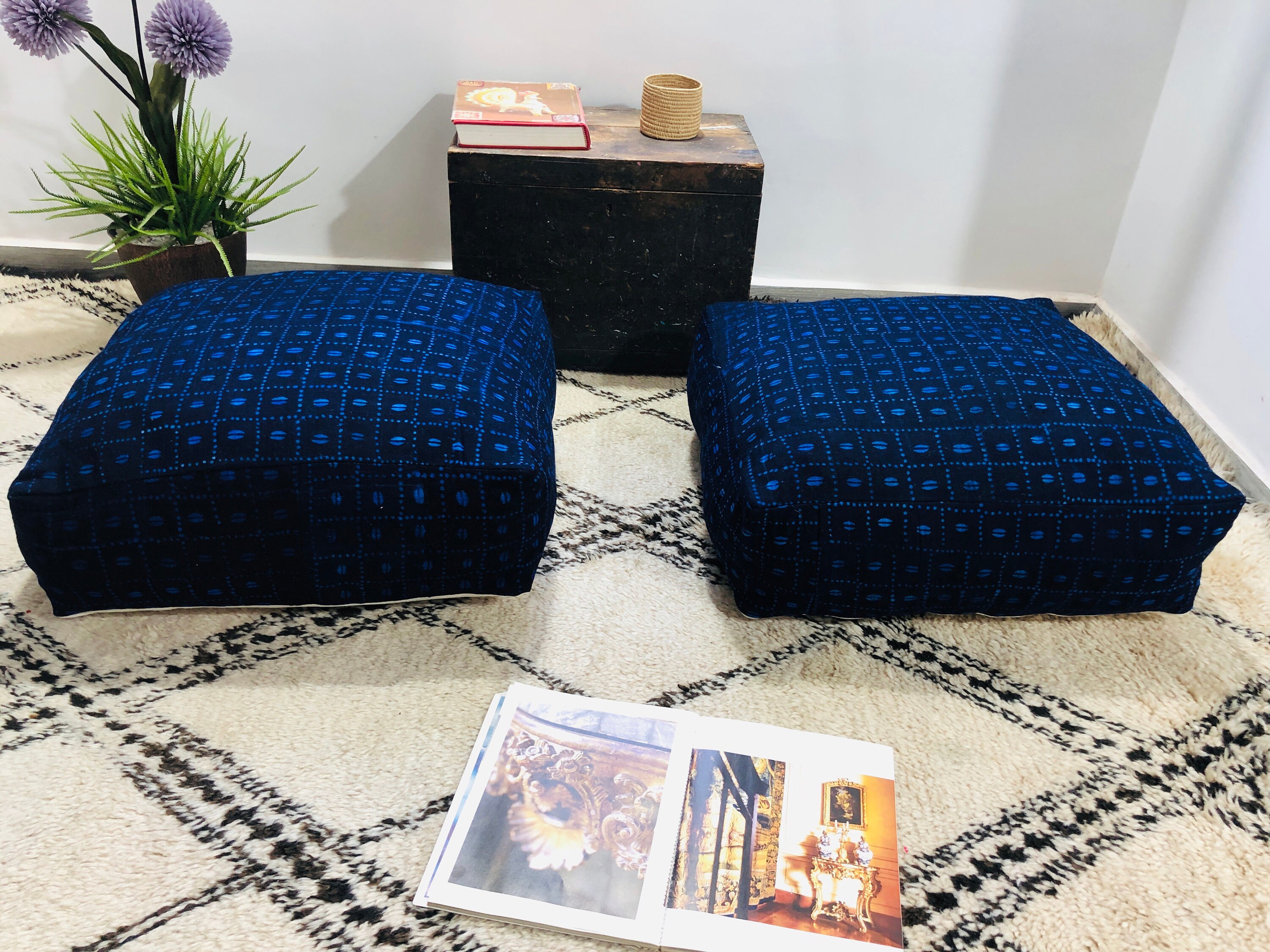 Amazing Pouf-Mudcloth Floor-Ottoman-Cushion-African Fabric -Home Decor Pouf-Bleu Pouffe-Pillow Cover