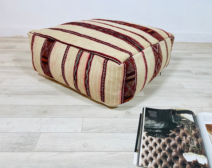 Square kilim pouf_foot stool_ottoman chair_seat cushion_pillow floor cover_Aprox 24"24"8"