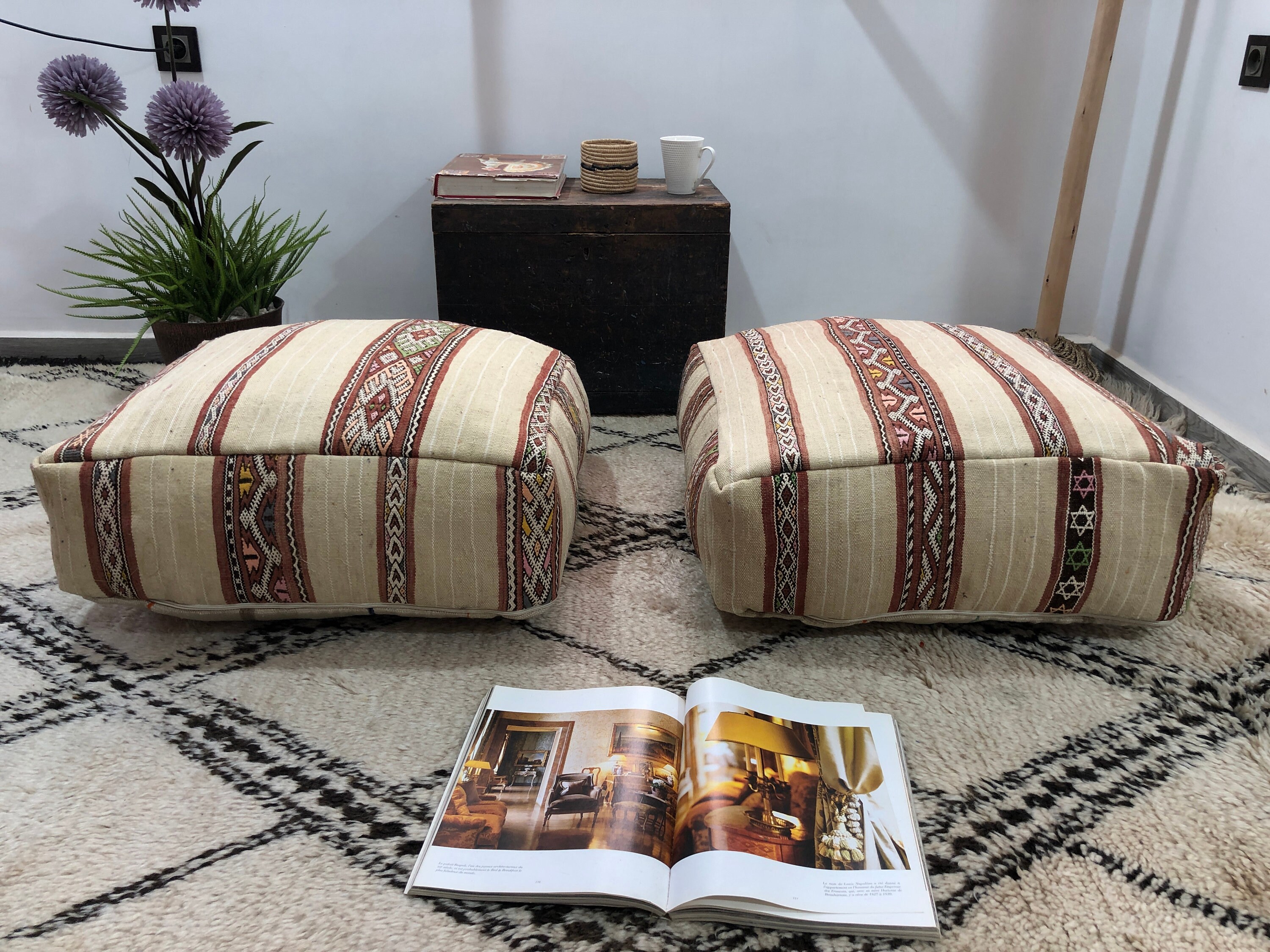 2 Set Square Moroccan Kilim Pouf, Pillows Cover, Authentic Floor, Ottoman Foot Stool Cushions 24248F