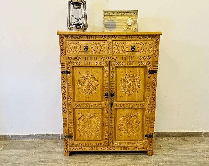 Large Moroccan Berber Stainned Hand carved wooden cabinet 46.8" H x 35.4" W x 14.1" D /FREE GIFT WRAPPING