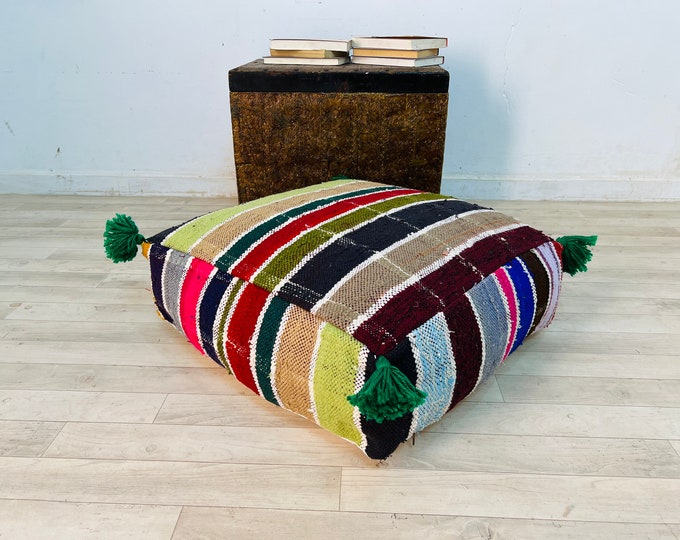 Square Stool Pouf-Moroccan kilim Pouf-Colorful Floor Cushion-Footstool 24" x 24" x 8"