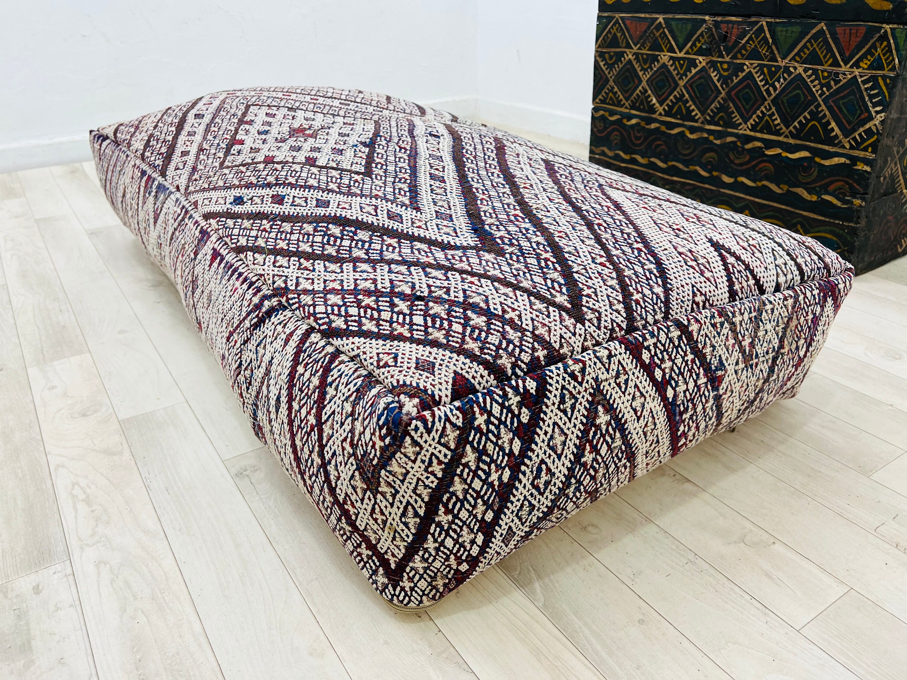 Large Handmade Wool Pouf Kilim Ottoman Flor Cushion Handwoven Chair Rectangular 48 24 8