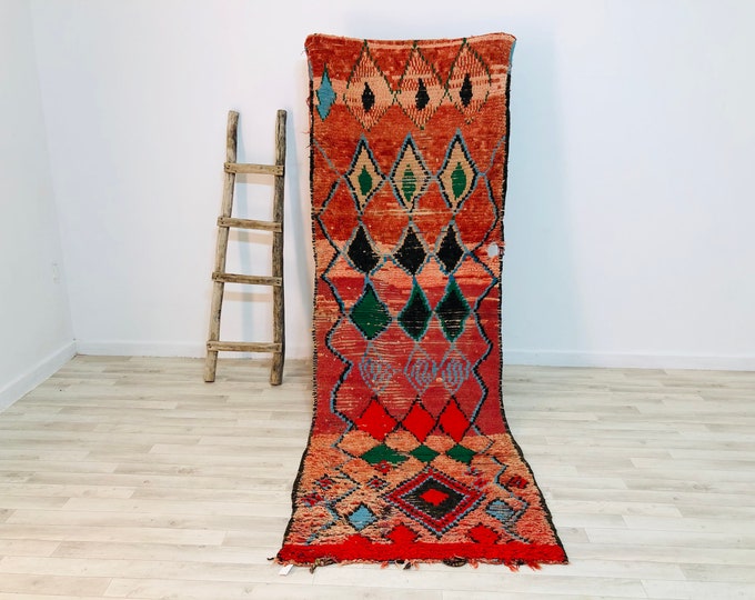 Organic Red Moroccan Boucherouite 8.8X3 Feet,Runner Magic Rug From Morocco  Freeshipping