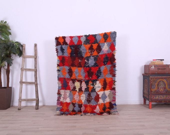 Moroccan Handmade boujaad,organic Boucherouite rug,oriental Boucherouite carpet 4.7 FT x 3 FT