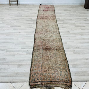 May include: A long, narrow rug with a faded, multi-colored pattern. The rug has a fringe on both ends and is made of a woven material.