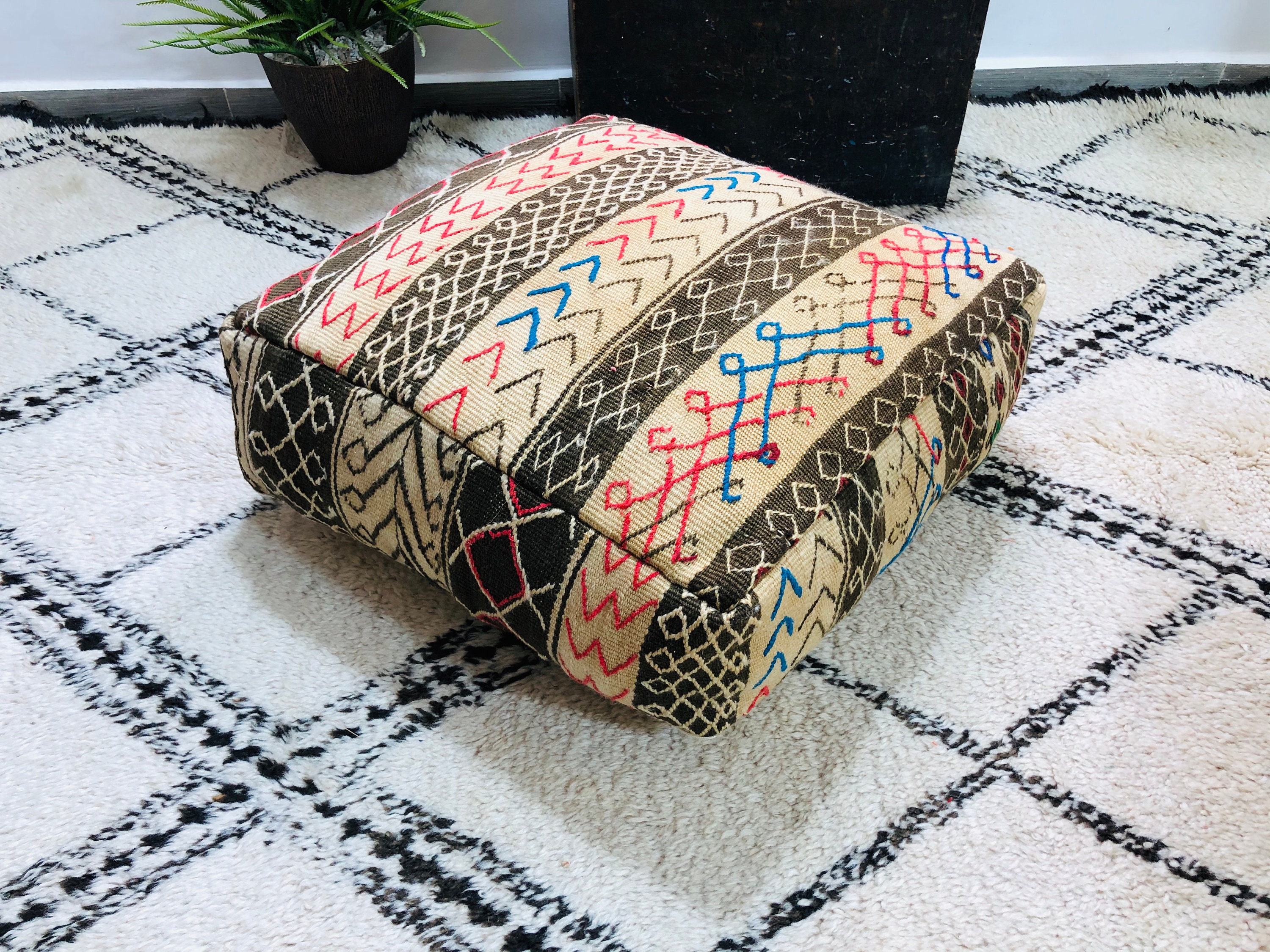 Vintage Kilim Pouf, Ottoman Floor For Livingroom, Cushion Covers, Made From Morocco, Aprox24x24x8, F