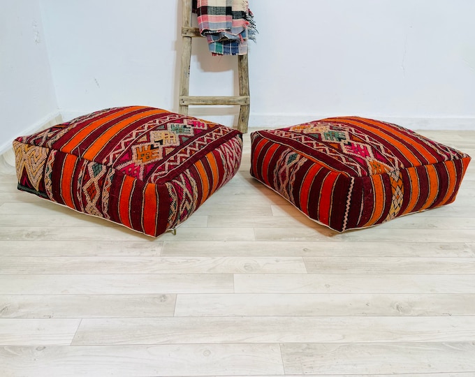 Moroccan floor pouf_Ottoman chair_Kilim pouf_Vintage pouf_Living room pouf_Aprox 24"24"8"