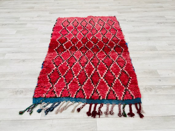 Red abstract rug,Small berber rug,luxury wool rug,area office rug,tribal handmade rug 4ft x 2.6ft