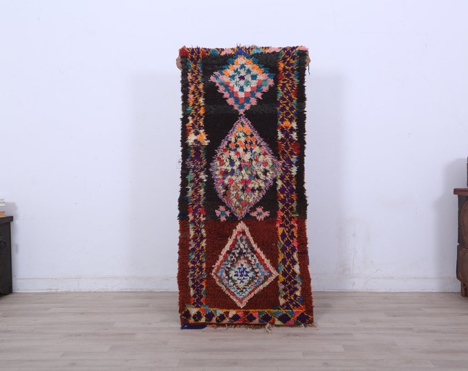 Berber Boucherouite rug,Traditional design carpet,Handmade Boucherouite rug 4.4ft x 2ft