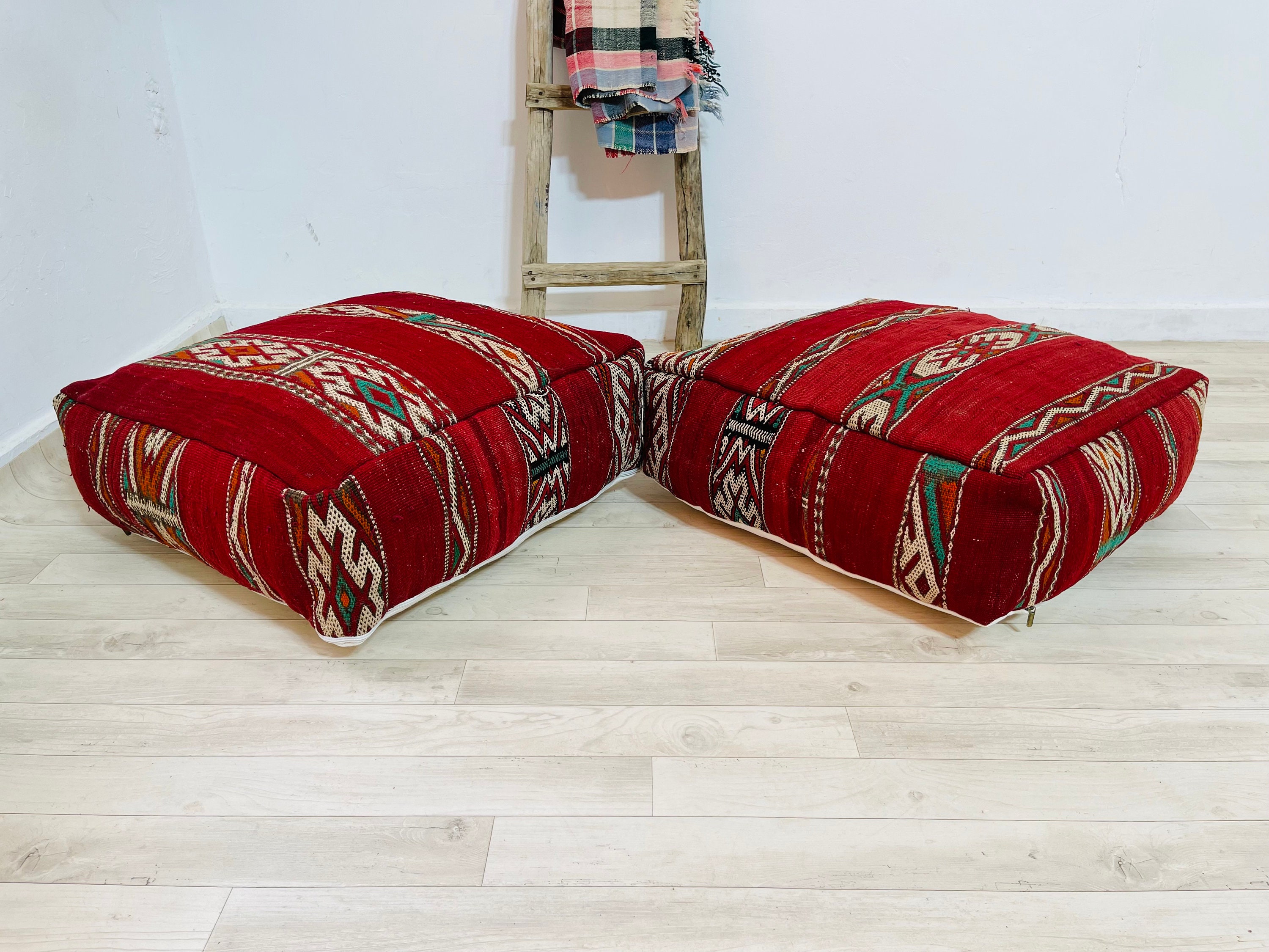 Vintage Square Pouf_Ottoman Pouf_Luxury Pouf_Footstool_Floor Cushion_Red Kilim Pouf_24248_Freeshippi
