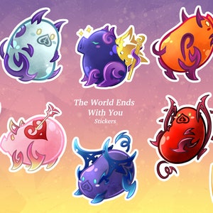 Puede incluir: Un conjunto de 10 pegatinas de colores en forma de frijol con varios diseños, incluyendo corazones, llamas y alas. Las pegatinas presentan el texto "The World Ends With You" y "beans 100¥".