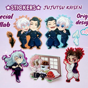 May include: A set of 6 Jujutsu Kaisen anime stickers featuring characters from the show. The stickers are printed on high-quality vinyl and are waterproof and durable. The stickers are perfect for decorating laptops, water bottles, notebooks, and more.