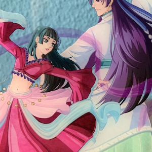 May include: Two anime characters, one with long purple hair and a white robe, the other with long black hair and a pink and red dress, are dancing against a blue background.