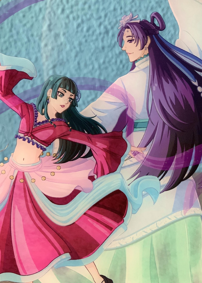 May include: Two anime characters, one with long purple hair and a white robe, the other with long black hair and a pink and red dress, are dancing against a blue background.