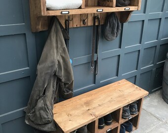 Solid wood shoe bench and coat rack shelf with cubby holes