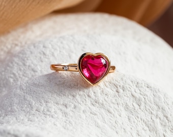 Anillo de oro con forma de corazón de rubí, anillo de piedra preciosa roja, anillo de promesa de aniversario, regalo de cumpleaños para ella.