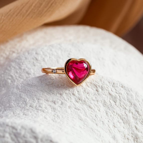 Ruby Heart Gold Ring, Red Gemstone Ring, Anniversary Promise Ring, Birthday gift for her