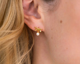 Dainty Pearl Stud Earrings Gold Sterling Silver Tiny Bow Pearl Studs, Gold Pearl Earrings, Gift for Her