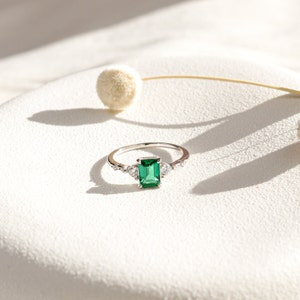Genuine Emerald Sterling Silver Ring Emerald Engagement Ring, Silver Statement Ring, Birthday gift for her
