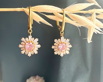 Flower Hoop Gold Earrings, Pink Crystal Earrings, Crystal Flower Earrings, Jewellery Gifts for Her, Mother's Day gift