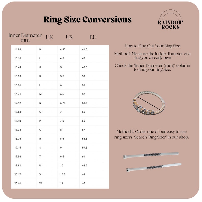 K&ouml;nnte beinhalten: Eine Ringgr&ouml;&szlig;en-Umrechnungstabelle mit dem Titel Ring Size Conversions von Rainbow Rocks. Sie enth&auml;lt eine Tabelle zum Vergleich des Innendurchmessers in mm mit UK-, US- und EU-Gr&ouml;&szlig;en. Inklusive Messanleitung und zwei wei&szlig;en Kunststoff-Ringgr&ouml;&szlig;enmessern.