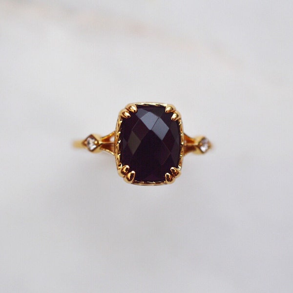 Cleopatra Genuine Black Onyx Ring, Art Deco Vintage Gold Ring, 925 Sterling Silver Statement Ring, Gemstone Birthday Gifts for Her