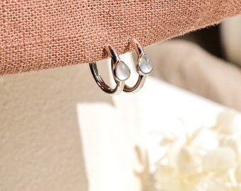 Moonstone Silver Hoop Earrings, Dainty Moonstone Huggies Sterling Silver, Small Birthstone Gold Hoops, Minimalist hoop earrings