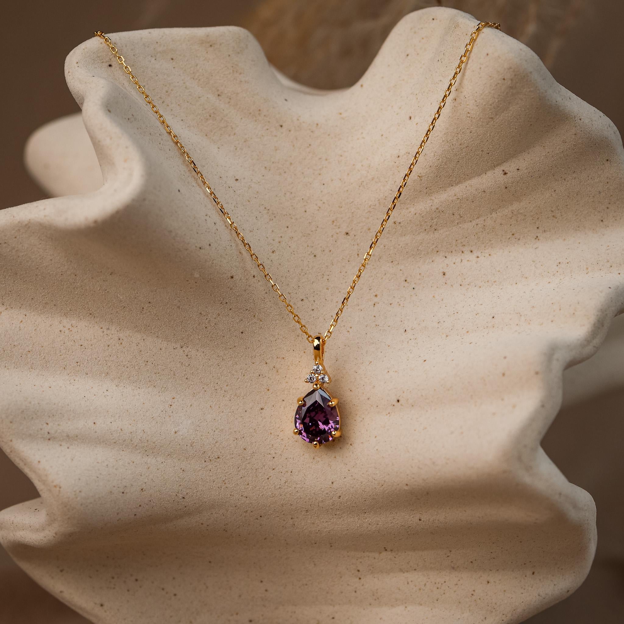Amethyst Gold Necklace 14K Gold Vermeil, Cz Jewellery, Anniversary