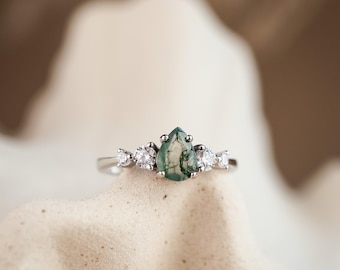 Moos Achat Sterling Silber Ring, Vintage Achat Tropfen Ring, Versprechen Verlobungsring, Jahrestag Geburtstagsgeschenke für Sie