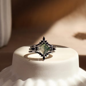 Mossagatringset i sterlingsilver, naturlig agat svart sten vintagering löfte förlovningsring, årsdagspresenter till henne