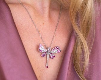 Dragonfly Statement Necklace with Ruby & Pink Diamond, Sterling Silver dragonfly pendant, Birthday gift for her