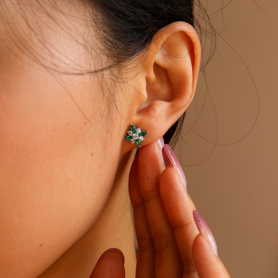 Genuine Emerald Stud Earrings Sterling Silver, Real Emerald Clover Earrings, Emerald Silver Jewellery, Anniversary Birthday Gifts for Her