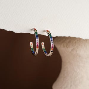 Rainbow Statement Hoop Earrings Sterling Silver, Colourful Large Silver Hoop Earrings, Gifts for her, Birthday Gifts