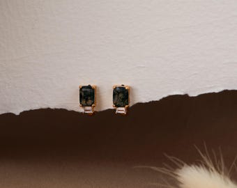 Natural Moss Agate Gold Hoop Earrings Art Deco, Dainty Huggie Hoops, Agate Vintage Gold Jewellery, Anniversary Birthday Gifts for Her