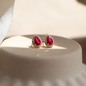 Genuine Ruby Gold Stud Earrings Pear Cut, Real Lab Ruby Earrings Sterling Silver, Emerald Jewellery, Anniversary Birthday Gifts for Her