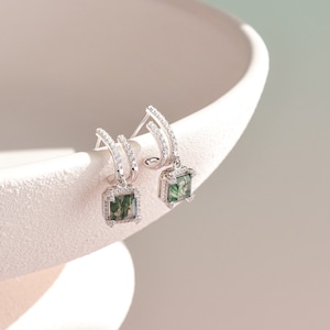 Sterling Silver Moss Agate Hoop Earrings, Moss Agate Hoop Earrings Vintage, Birthday Gifts for Her