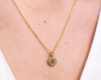 Genuine Emerald Gold Necklace, Dainty Delicate Emerald Pendant, Ruby Halo Pendant, Simple Minimalist Ruby Necklace, Birthday Gifts for Her