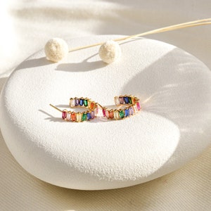 Rainbow Hoop Earrings Gold Sterling Silver Baguette gemstone Earrings, Gold Hoop Earrings, Gifts for her, Birthday Gifts