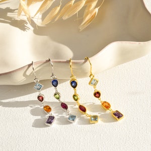 Regenbogen Edelstein Gold baumeln lange Ohrringe 14K Gold Sterling Silber, Boho Ohrringe, Geburtstagsgeschenke für Sie