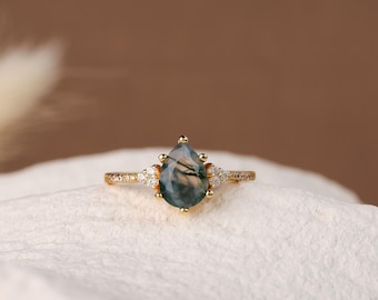 Moss Agate Gold Ring, Sterling silver Pear Moss Agate Vintage Ring Promise Engagement Ring, Anniversary Birthday Gifts for Her